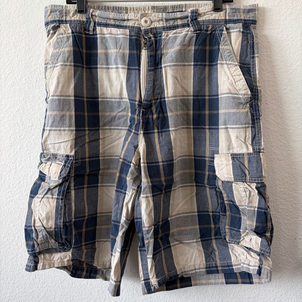 Route 66 Men’s Blue and Tan Plaid Cargo Shorts Size 36